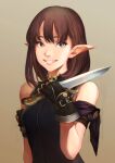 1girl armband armpit_crease bare_shoulders black_gloves black_shirt breasts brown_background brown_eyes brown_hair collared_shirt commentary_request dagger elf eyelashes fingerless_gloves glove_belt gloves gradient_background gradient_eyes green_eyes hand_up highres holding holding_dagger holding_knife holding_weapon jun_(navigavi) knife lips long_pointy_ears looking_at_viewer medium_hair multicolored_eyes nose open_mouth original over_shoulder pointy_ears purple_armband shirt sleeveless sleeveless_shirt small_breasts smile solo teeth upper_body weapon weapon_over_shoulder 