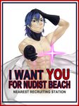  abs black_gloves blue_eyes blue_hair border detached_collar english fine_art_parody gloves glowing glowing_nipples i_want_you kill_la_kill male_focus mikisugi_aikurou military nudist_beach_uniform parody poster propaganda red_border smile solo uncle_sam world_war_i yarn820 