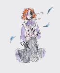  1girl android ayellowapple black_skirt blue_eyes commentary cracked_skin english_commentary feathers freckles highres kyokugen_dasshutsu kyokugen_dasshutsu_adv:_zennin_shibou_desu luna_(kyokugen_dasshutsu) open_mouth orange_hair purple_shirt severed_hair shirt short_hair simple_background skirt solo spoilers tearing_up vest white_background white_vest 