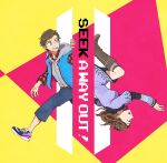  1boy 1girl black_pants blue_vest boots brown_boots brown_eyes brown_hair commentary dress english_commentary english_text grey_jacket hood hood_down jacket junpei_(kyokugen_dasshutsu) kurashiki_akane kyokugen_dasshutsu kyokugen_dasshutsu:_9_jikan_9_nin_9_no_tobira looking_at_another mypurplesummer pants plaid_clothes plaid_shirt purple_dress rotational_symmetry running shirt shoes sneakers vest 