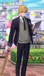  1boy ahoge armband arthur_pendragon_(academy_outfit)_(fate) arthur_pendragon_(fate) balloon black_jacket black_necktie black_pants blazer blonde_hair buttons collared_shirt commentary_request fate/grand_order fate_(series) feet_out_of_frame game_asset green_eyes grey_sweater_vest holding holding_sword holding_tablet_pc holding_weapon jacket lapels long_sleeves looking_at_viewer male_focus nakahara_(mu_tation) necktie notched_lapels official_art open_clothes open_jacket outdoors pants partial_commentary red_armband school_uniform shinai shirt smile solo standing sweater_vest sword tablet_pc third-party_source weapon white_shirt wooden_sword 