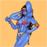  1girl abs arms_behind_head bandeau black_hair black_lips blue_skin bracelet breasts cleavage colored_skin commentary cromwaits earrings elbow_sleeve english_commentary english_text extra_arms hands_on_own_hips hat highres jewelry long_hair muscular muscular_arms muscular_female orange_background orange_eyes original outside_border red_bandeau shorts simple_background solo sweat visor_cap 