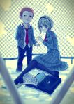  1boy 1girl annoyed black_eyes black_hairband black_pants black_pantyhose black_shoes blazer blue_sailor_collar blue_serafuku blue_shirt blue_skirt book briefcase brown_hair chain-link_fence clenched_teeth collarbone collared_jacket collared_shirt commentary_request danganronpa_(series) danganronpa_v3:_killing_harmony day dress_shoes eyes_visible_through_hair fence forehead full_body furrowed_brow green_eyes grey_hair grey_jacket hair_over_one_eye hairband half-closed_eyes hand_in_pocket high-waist_skirt highres hoshi_ryoma jacket lapels long_sleeves medium_skirt neckerchief necktie nervous notched_lapels official_alternate_costume open_clothes open_jacket outdoors pants pantyhose paper plaid_clothes plaid_pants pleated_skirt puffy_long_sleeves puffy_sleeves raised_inner_eyebrows red_neckerchief red_necktie sailor_collar school_briefcase school_uniform serafuku shirt shiruko_(mikan4649) shoes short_hair short_male sitting skirt sky standing suit_pants taller_female_shorter_male teeth tojo_kirumi white_shirt white_sky 