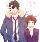  1girl black_hair brown_eyes brown_hair cigarette e-0057 formal heart kougami_shin'ya necktie psycho-pass short_hair smile suit trench_coat tsunemori_akane 