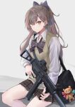  1girl absurdres bow bowtie breasts brown_hair character_name collared_shirt commentary_request fingernails girls'_frontline girls'_frontline_2:_exilium gun h&amp;k_ump hair_between_eyes hair_bow hair_ornament highres holding holding_weapon leva_(girls'_frontline_2) long_sleeves looking_at_viewer miniskirt multicolored_hair nail_polish official_alternate_costume pink_hair plaid_clothes plaid_skirt satsumaagee scar scar_across_eye scar_on_face school_uniform shirt sitting skirt small_breasts solo streaked_hair submachine_gun sweater_vest trigger_discipline ump45_(girls'_frontline) weapon yellow_eyes 