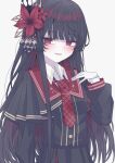  1girl armband black_capelet black_hair black_shirt black_skirt border capelet collared_shirt commentary_request crown flower gloves hair_flower hair_ornament highres layered_skirt long_hair long_sleeves looking_at_viewer mahou_shoujo_no_majo_saiban mini_crown necktie nikaido_hiro overskirt plaid_clothes plaid_necktie plaid_skirt pleated_skirt red_armband red_eyes red_flower red_necktie red_skirt shirt side_capelet simple_background skirt smile solo tkugane upper_body white_background white_border white_gloves white_shirt 