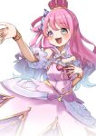  1girl :d bare_shoulders blue_hair blush bow bowtie candy_hair_ornament commentary_request cowboy_shot crown detached_sleeves dress food-themed_hair_ornament gradient_hair green_eyes hair_ornament hand_on_own_chest hand_up heterochromia highres himemori_luna hololive long_hair multicolored_hair nyuyosuke pink_bow pink_bowtie pink_dress pink_eyes pink_hair short_sleeves sidelocks simple_background smile solo striped_bow striped_bowtie striped_clothes teeth upper_teeth_only virtual_youtuber white_background white_sleeves 