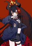  1girl absurdres bare_shoulders black_hair black_horns blunt_bangs breasts commentary_request covering_own_mouth diein_(djmax) djmax djmax_respect dress flower hair_flower hair_ornament highres horns jewelry long_hair looking_at_viewer necklace off_shoulder red_background shangtiany31057 shirt simple_background solo standing thigh_strap very_long_hair yellow_eyes 