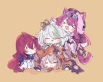  >_< 4girls :3 absurdres ahoge animal_ears aqyuuki brown_background brown_hair cecilia_immergreen cecilia_immergreen_(1st_costume) chibi chibi_only closed_eyes commentary dress elizabeth_rose_bloodflame elizabeth_rose_bloodflame_(1st_costume) english_commentary fang gigi_murin gigi_murin_(1st_costume) girl_on_top goggles goggles_on_head grey_hair happy highres holojustice hololive hololive_english hood hood_up hoodie long_hair multicolored_hair multiple_girls open_mouth orange_hoodie panther_ears panther_girl panther_tail pink_hair raora_panthera raora_panthera_(1st_costume) red_hair short_hair simple_background skin_fang smile solid_oval_eyes streaked_hair tail triangle_mouth very_long_hair virtual_youtuber white_dress winding_key 