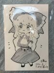  1girl absurdres ascot blush bow braid chibi chibi_only closed_mouth commentary_request cosplay dated detached_sleeves frilled_bow frills full_body hair_bow hakurei_reimu hakurei_reimu_(cosplay) hands_on_own_hips highres kirisame_marisa long_hair looking_at_viewer niru_(ka_k_0517) photo_(medium) ribbon-trimmed_sleeves ribbon_trim side_braid single_braid skirt smile smug solo touhou traditional_media translation_request 