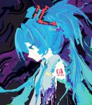  1girl aqua_eyes aqua_hair bare_shoulders blue_eyes blue_hair collared_shirt commentary_request detached_sleeves floating_hair from_side grey_shirt hair_ornament hatsune_miku hexh highres long_hair necktie profile purple_background shirt sleeveless solo twintails upper_body very_long_hair vocaloid 