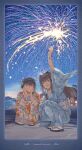  2girls absurdres ahoge animal_print aozaki_aoko arm_up artist_name black_hair blue_border blue_eyes border bracelet brown_hair checkered_sash chinese_commentary commentary_request fireworks fish_print floral_print floral_print_kimono flower goldfish_print hair_flower hair_intakes hair_ornament highres holding holding_fireworks japanese_clothes jewelry kimono kuonji_alice looking_at_viewer lryen mahou_tsukai_no_yoru moon mountain multiple_girls night obi obiage obijime outdoors print_kimono sandals sash signature sparkler squatting summer_festival tabi yukata zouri 