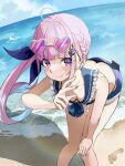  123haruno_oto 1girl ahoge beach blue_hair blue_sailor_collar blue_shorts blush braid butt_crack colored_inner_hair commentary_request footprints hand_on_own_thigh highres hololive horizon leaning_forward long_hair looking_at_viewer minato_aqua multicolored_hair outdoors phone_in_pocket pink_hair purple_eyes sailor_collar sand shorts side_ponytail smile solo streaked_hair swimsuit v virtual_youtuber 