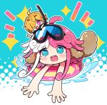  2girls :d ahoge blonde_hair blue_background blue_eyes blush_stickers chibi chibi_only commentary_request goggles goggles_on_head hair_over_one_eye halftone halftone_background highres innertube long_hair milkpanda multicolored_hair multiple_girls notice_lines one_piece open_mouth outline outstretched_arms pink_hair purple_eyes short_hair smile sparkle splashing swim_ring thick_eyebrows two-tone_background two-tone_hair vegapunk_atlas vegapunk_lilith water white_background white_hair white_outline 