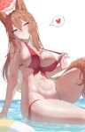  1girl animal_ears bikini blue_archive breasts brown_hair closed_mouth commentary_request crossed_bangs from_side hair_between_eyes halo heart highres large_breasts long_hair looking_at_viewer looking_to_the_side navel nipples one_eye_closed purple_eyes red_bikini red_halo rumi_(blue_archive) rumi_(swimsuit)_(blue_archive) sideboob simple_background sitting smile solo spoken_heart stomach swimsuit tail thighs water wet white_background yukiaka 
