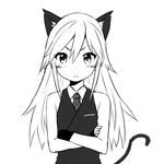  animal_ears blush cat_ears cat_tail crossed_arms flat_chest greyscale long_hair looking_at_viewer monochrome necktie simple_background solo tail white_background zaxwu 