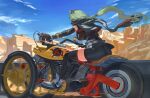  1girl absurdres ass bike_shorts black_gloves black_thighhighs boots breasts caesar_king_(zenless_zone_zero) commentary_request cropped_jacket desert elbow_gloves fur-trimmed_jacket fur_trim gloves green_hair hair_ornament hakumai130 highres jacket large_breasts long_hair motor_vehicle motorcycle mountain ponytail prosthesis prosthetic_arm reverse_trike thighhighs three-wheeler very_long_hair zenless_zone_zero 