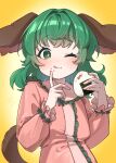  +_+ 1girl :q absurdres animal_ears blush commentary_request dog_ears dog_girl dog_tail dress eating food food_on_face green_eyes green_hair highres holding holding_food kasodani_kyouko long_sleeves looking_at_viewer medium_hair one_eye_closed onigiri pink_dress smile solo sumiyama_sui tail tongue tongue_out touhou upper_body yellow_background 