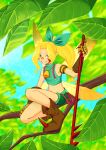  1girl absurdres armlet bare_shoulders bell blonde_hair blue_eyes blue_sky boots bow brown_boots claws commentary crop_top curtained_hair day digimon digimon_(creature) elbow_gloves english_commentary facial_mark fairy fairy_wings flat_chest full_body gloves green_bow green_shirt green_shorts grin hair_bow highres holding holding_polearm holding_weapon in_tree jewelry knee_boots kneeling koucholate leaf long_hair looking_at_viewer midriff multiple_wings navel neck_bell orange_gloves outdoors pointy_ears polearm ponytail shirt short_shorts shorts sky sleeveless sleeveless_shirt smile solo teeth tinkermon tree weapon wings yellow_wings 