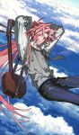  1boy above_clouds arms_behind_head black_necktie black_pants blue_sky cloud commentary_request cowboy_shot endo_(takolegs) fate/grand_order fate_(series) floating_clothes game_asset grey_sweater_vest instrument instrument_on_back long_hair long_sleeves looking_at_viewer male_focus midair multicolored_hair necktie official_art pants partial_commentary popped_collar red_eyes red_hair shamisen shirt sky smile solo streaked_hair sweater_vest takasugi_shinsaku_(academy_outfit)_(fate) takasugi_shinsaku_(fate) third-party_source very_long_hair white_shirt 