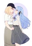  2girls absurdres bang_dream! bang_dream!_it's_mygo!!!!! baseball_cap black_hat black_ribbon blonde_hair blue_hair bulkobon eye_contact grey_skirt hair_ribbon hand_on_another's_chin hat highres long_hair looking_at_another medium_hair misumi_uika multiple_girls profile purple_background purple_eyes ribbon shirt skirt tears togawa_sakiko two-tone_background two_side_up white_background white_shirt yellow_eyes yuri 