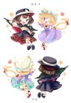  2girls absurdres animal_ears asymmetrical_sidelocks black_capelet black_hat black_shoes black_skirt blonde_hair bloomers blush book bow bowtie brown_eyes brown_hair capelet cat_tail commentary_request dress facing_away fake_animal_ears forked_tail four-pointed_star hair_bow hat hat_bow heart heart-shaped_pupils hexagram highres holding holding_book loafers long_sleeves looking_at_viewer maribel_hearn mary_janes medium_hair minus_(sr_mineka) mob_cap multiple_girls multiple_views one_eye_closed open_mouth paw_pose purple_dress purple_eyes red_bow red_bowtie red_capelet red_shoes shirt shirt_tucked_in shoes sidelocks simple_background skirt smile socks star-shaped_pupils star_(symbol) symbol-shaped_pupils tail tail_bow tail_ornament touhou translation_request two-sided_capelet two-sided_fabric usami_renko white_background white_bloomers white_bow white_hat white_shirt white_socks wings wrist_bow 