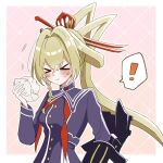  >_< 1girl blonde_hair blush braid commentary_request eating food hair_intakes hair_ornament hair_rings highres holding holding_food jacket jiita_tya long_hair masamune_(monster_strike) monster_strike paper ponytail purple_jacket ribbon school_uniform solo steamed_bun upper_body 