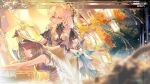  2girls absurdres black_hair blonde_hair breasts closed_eyes closed_mouth commentary dress english_commentary feather_hair hair_intakes highres large_breasts light_smile logo long_hair looking_at_another multiple_girls official_art parted_lips siblings sisters sleeping smile suisui_(wuthering_waves) white_dress wuthering_waves yangyang_(wuthering_waves) yellow_eyes 