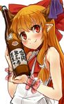  alcohol blush bottle bow fang hair_bow highres horn_ribbon horns ibuki_suika long_hair nishiuri orange_hair pointy_ears red_eyes ribbon sake sake_bottle shirt simple_background sketch sleeveless sleeveless_shirt smile solo touhou translation_request white_background wrist_cuffs 