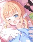  1girl :d ;d absurdres ahoge blonde_hair blue_eyes blush bow circle_cut commentary_request dress gloves hair_ornament highres long_hair looking_at_viewer low_twintails lying motosu_towa on_back one_eye_closed open_mouth pillow smile solo stuffed_animal stuffed_toy tears twintails user_ukxt2733 white_gloves white_wings wing_hair_ornament wings world_dai_star 