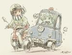  2girls afro black_pantyhose blue_car brown_eyes brown_hair car commentary driving fringe_trim gloves green_jacket grey_background helmet highres jacket looking_at_another looking_to_the_side momose_riko motor_vehicle multiple_girls on_scooter open_mouth pantyhose peel_p50 pleated_skirt red_skirt riding riding_scooter scarf scooter sekihan short_hair signature simple_background skirt striped_clothes striped_scarf tama_(zesshaka) three-wheeler white_gloves white_scarf yamaha yamaha_passol zesshaka!_shiritsu_yotsuwa_joshi_gakuin_zetsumetsu_kigu-sha_gakka 