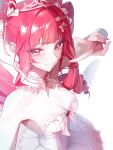  1girl 4meart0112 absurdres alternate_costume bare_shoulders breasts cleavage commentary_request detached_collar dress drill_hair grin hair_intakes hair_ornament hairclip hanavi heart heart_hair_ornament highres kashiwa_ruvi korean_commentary long_hair looking_at_viewer mole mole_under_eye red_eyes red_hair smile solo strapless strapless_dress tiara twin_drills v very_long_hair virtual_youtuber white_dress 
