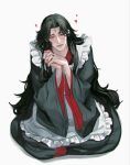  1boy aegyo_sal apron black_hair black_hanfu black_nails blush chinese_clothes commentary_request crossdressing crossdressing_(mtf) curtained_hair enmaided facial_mark forehead_mark frilled_apron frills from_above full_body hanfu head_tilt heart heart_facial_mark heart_in_eye highres interlocked_fingers korean_commentary long_hair long_sleeves looking_at_viewer looking_up loving_aura luo_binghe maid maid_apron male_focus male_maid omyo_0 own_hands_clasped own_hands_together parted_bangs parted_hair pink_lips pov_adoring raised_inner_eyebrows red_eyes shadow sidelocks simple_background smile solo symbol_in_eye the_scum_villain's_self-saving_system very_long_hair white_apron white_background wide_sleeves zuiyin 