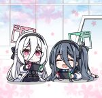 2girls :d ^_^ aris_(blue_archive) black_hair black_hairband black_skirt black_socks black_thighhighs black_vest blue_archive blue_necktie blue_sky blush chibi closed_eyes closed_mouth cloud collared_shirt comiket_108 commentary_request day double-parted_bangs hair_between_eyes hairband half_updo halo handheld_game_console highres holding jacket kei_(blue_archive) kei_(student)_(blue_archive) long_hair long_sleeves lying multiple_girls necktie on_stomach one_side_up open_clothes open_jacket pink_halo pleated_skirt puffy_long_sleeves puffy_sleeves rectangular_halo red_eyes ringed_eyes rioshi seiza shirt shoes siblings sisters sitting skirt sky smile socks thighhighs twins very_long_hair vest white_hair white_jacket white_shirt white_shoes window 