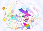  :3 animal animal_focus bracelet colorful commentary creature dragon fluffy full_body hairband headband horns jewelry looking_at_viewer mew_mew_chikorita_moon multicolored_eyes multicolored_fur multicolored_hair no_humans original pastel_colors purple_eyes smile solo star_(symbol) striped_fur striped_tail tail white_fur white_hair white_tail 