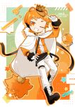  1boy :d ;d animal_ears arm_up bad_id bad_pixiv_id black_boots boots border buttons cape chizu_(421ooouy) commentary_request constellation crown full_body fur-trimmed_sleeves fur_trim gloves gradient_background green_background grin has_bad_revision has_watermarked_revision index_finger_raised leo_(constellation) leo_(symbol) leo_(zodiac) lion_boy lion_ears long_sleeves looking_at_viewer male_focus one_eye_closed orange_background orange_eyes orange_hair orange_outline orange_shirt original outline outside_border pants personification shirt short_hair smile solo standing thick_eyebrows white_border white_cape white_gloves white_pants zodiac 
