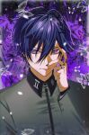  1boy bug butterfly ch0_prsk closed_mouth commentary earrings hair_between_eyes highres jewelry male_focus persona persona_1 purple_background purple_eyes school_uniform short_hair single_earring solo st._hermelin_school_uniform toudou_naoya 