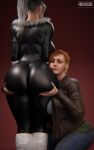  2girls 3d ass black_bodysuit black_cat_(marvel) bodysuit breasts denim felicia_hardy highres hikaru3d huge_ass jeans large_breasts long_hair marvel mary_jane_watson multiple_girls pants ponytail red_hair spider-man_(series) tight_clothes white_hair wide_hips yuri 
