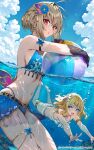  2girls :d atelier_(series) atelier_resleriana ball beachball bepp_zimlock bikini blonde_hair blue_bikini blue_eyes breasts cleavage cleo_lantarna cloud cloudy_sky commentary_request day frilled_bikini frills grey_hair hair_ornament highres holding holding_ball holding_beachball kubota_masaki large_breasts midriff multiple_girls navel official_alternate_costume official_art outdoors partially_submerged red_eyes sky smile submerged swimming swimsuit white_bikini 