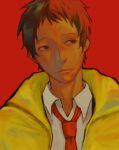  1boy absurdres adachi_tooru black_eyes closed_mouth coat collared_shirt commentary_request expressionless faux_traditional_media highres male_focus necktie persona persona_4 portrait red_background red_necktie saru_bannu shirt short_hair sideways_glance simple_background solo white_shirt yellow_coat 