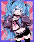  1girl ahoge aqua_eyes aqua_hair black_collar black_shorts black_thighhighs collar commentary_request cropped_jacket cropped_shirt grey_eyes grey_jacket hair_between_eyes hand_up hatsune_miku highres index_finger_raised jacket ktnazm0702 long_hair long_sleeves multicolored_eyes navel shirt shorts solo spiked_collar spiked_hair_ornament spikes sweatdrop thighhighs torn_clothes torn_shorts two-tone_eyes very_long_hair vocaloid white_shirt 