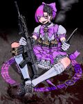  1girl angled_foregrip anklet assault_rifle asymmetrical_hair bayonet black_background black_eyeshadow black_hair blood blood_on_ground bow bowtie choker cigarette commentary_request dress earrings eotech exhaling_smoke eyeshadow foregrip forked_tongue gloves gun hair_bow highres holding holding_gun holding_weapon howa_type_20 jewelry kneehighs load-bearing_vest lolita_fashion magic_circle magical_girl makeup multicolored_hair on_ground on_magic_circle original piercing pink_dress pink_eyes pink_hair pleated_skirt rifle sharp_teeth shoes short_hair sidecut skirt smoking sneakers socks solo taida tattoo teeth tongue tongue_out two-tone_hair undercut weapon white_gloves 