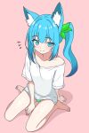  1girl absurdres animal_ear_fluff animal_ears aqua_eyes aqua_hair bare_legs barefoot blush closed_mouth collarbone commentary_request eggplant7217 full_body green_panties hair_ornament highres leaf_hair_ornament legs light_smile looking_at_viewer making-of_available medium_hair misaki_(eggplant7217) mole mole_under_eye no_pants original panties pink_background shirt short_sleeves simple_background single_bare_shoulder sitting solo t-shirt underwear wariza white_shirt 