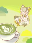  animal animal_focus bell closed_eyes cloud commentary cup drink flower highres jingle_bell mew_mew_chikorita_moon neck_bell no_humans open_mouth original pawpads sitting solo tail tea teacup untranslatable_commentary white_flower 
