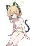  1girl animal_ear_headphones animal_ears blonde_hair blue_archive cat_ear_headphones cat_ears cat_tail fake_animal_ears fake_tail green_eyes green_halo halo headphones highres midori_(blue_archive) nipples panties solo striped_clothes striped_panties suiran_(suiran0111) tail topless_female underwear white_background 