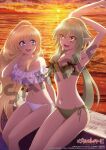  2girls :d adjusting_hair anime_coloring arms_up artist_name asai_seiko backlighting bare_arms bare_shoulders bikini black_bow blonde_hair blue_eyes blush bow breasts cleavage cloud collarbone copyright_logo copyright_name copyright_notice cowboy_shot elf frilled_bikini frills goblin_slayer! green_eyes green_hair groin hair_between_eyes hair_bow hair_up hand_in_own_hair hand_up hands_up high_elf_archer_(goblin_slayer!) high_ponytail highres logo long_hair long_pointy_ears long_sidelocks looking_at_another looking_to_the_side low-tied_sidelocks low_ponytail medium_breasts merchandise_available multiple_girls multiple_hair_bows navel not_for_sale ocean off-shoulder_bikini off_shoulder official_alternate_costume official_alternate_hairstyle official_art on_wall open_mouth outdoors pointy_ears ponytail priestess_(goblin_slayer!) ruffle_bikini sample_watermark second-party_source side-tie_bikini_bottom sidelocks sitting small_breasts smile stone_wall stretching sun sunset swimsuit teeth tongue upper_teeth_only very_long_hair water watermark white_bikini 