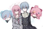  ahoge akiha_school_uniform animal_ears bang_dream! bang_dream!_yumemita blue_hair chibi chibi_inset commentary fake_animal_ears hair_ornament hairclip highres hood hoodie long_hair long_sleeves looking_at_viewer minetsuki_ritsu minetsuki_ritsu_(real) multiple_girls open_mouth pink_hair red_eyes school_uniform sengoku_yuno sengoku_yuno_(real) short_hair simple_background skirt untranslatable_commentary x3igvveazy44039 x_hair_ornament 