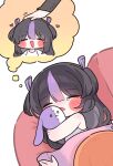  1boy 2girls =_= aged_down black_hair blanket blonde_hair blush commentary_request couch covering_with_blanket crying dreaming dress enme_(nikke) goddess_of_victory:_nikke hair_ribbon headpat heart highres hugging_doll hugging_object korean_commentary long_hair maxwell_(nikke) maxwell_(ordinary_mechanic)_(chief_researcher)_(nikke) mming_(mmingis18) mole mole_under_eye multicolored_hair multiple_girls official_alternate_costume open_mouth purple_hair purple_ribbon ribbon simple_background sleeping sleeveless smile speech_bubble streaked_hair stuffed_animal stuffed_rabbit stuffed_toy syuen_(nikke) syuen_(young)_(nikke) thought_bubble two_side_up under_covers white_background white_dress 