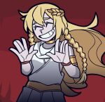  1boy androgynous armlet bare_shoulders blonde_hair braid closed_eyes commentary elden_ring grin hair_between_eyes helltaker highres jewelry laurel_crown long_hair miquella_(elden_ring) parody red_background shi_ling_yu sleeveless smile solo style_parody twintails vanripper_(style) 