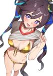 1girl absurdres amepa_(ame_pinecandy) bikini black_hair blush breasts clothes_lift from_above gold_bikini highres horse_girl horse_tail lifting_own_clothes long_hair medium_breasts navel open_mouth paid_reward_available presenting_own_body purple_eyes shirt shirt_lift side-tie_bikini_bottom simple_background solo standing stomach swimsuit tail twintails umamusume very_long_hair vivlos_(umamusume) white_background white_shirt 